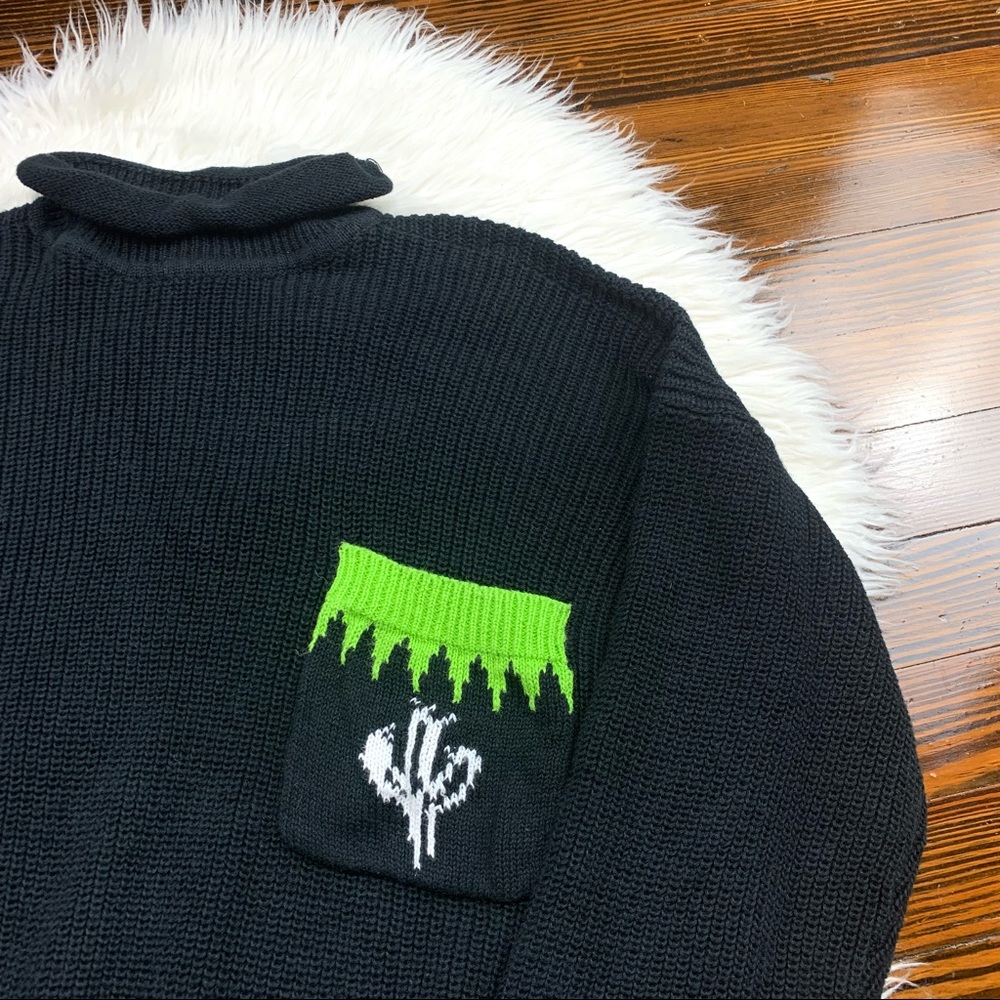 Vintage 80s 90s Generra Americana Black Lime Green Cactus Rolled Neck Sweater - Picture 2 of 4